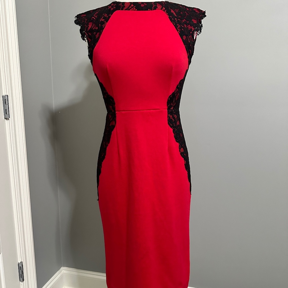 Nicole Miller Red and black lace trim dress